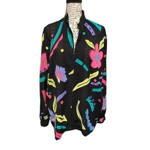 Vintage 90s Y2K Black Sheer Zip Up Blouse Jacket Neon Pink Blue Flowers Floral